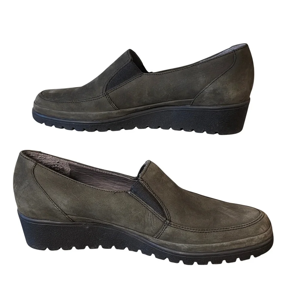 Mephisto Air-Jet 8 Olive Fern Moss Green Nubuck Leather Wedge Slip On Loafers